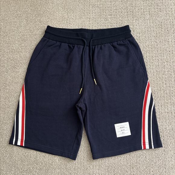 NWT Thom Browne Blue Stripe Logo Sweat Shorts Jogger Men's Sz 2 Made In Japan - Picture 1 of 11